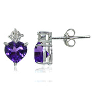 Sterling Silver African Amethyst and Diamond Accent Heart Drop Stud Earrings