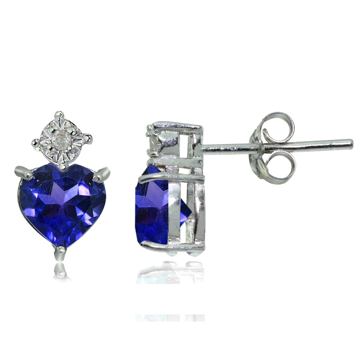 Sterling Silver Created Blue Sapphire and Diamond Accent Heart Drop Stud Earrings