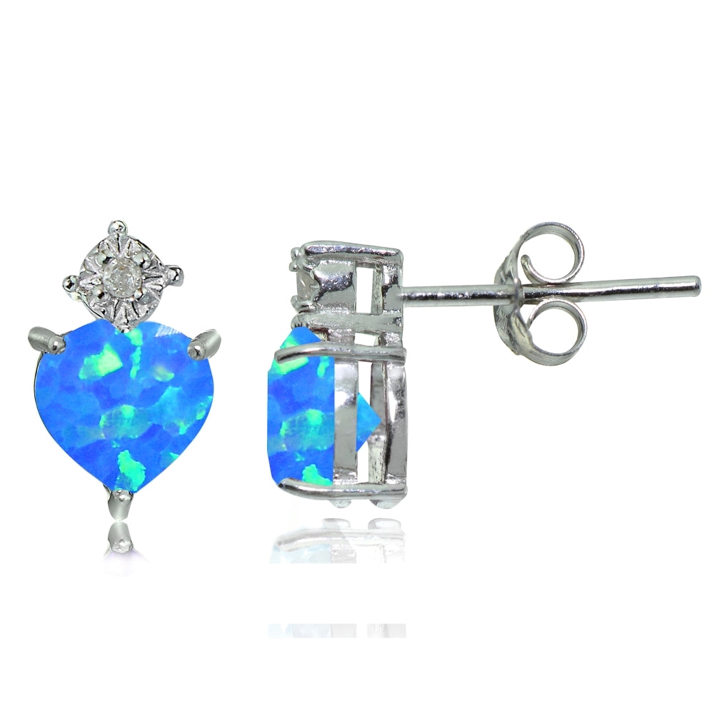 Sterling Silver Created Blue Opal and Diamond Accent Heart Drop Stud Earrings
