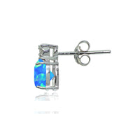 Sterling Silver Created Blue Opal and Diamond Accent Heart Drop Stud Earrings