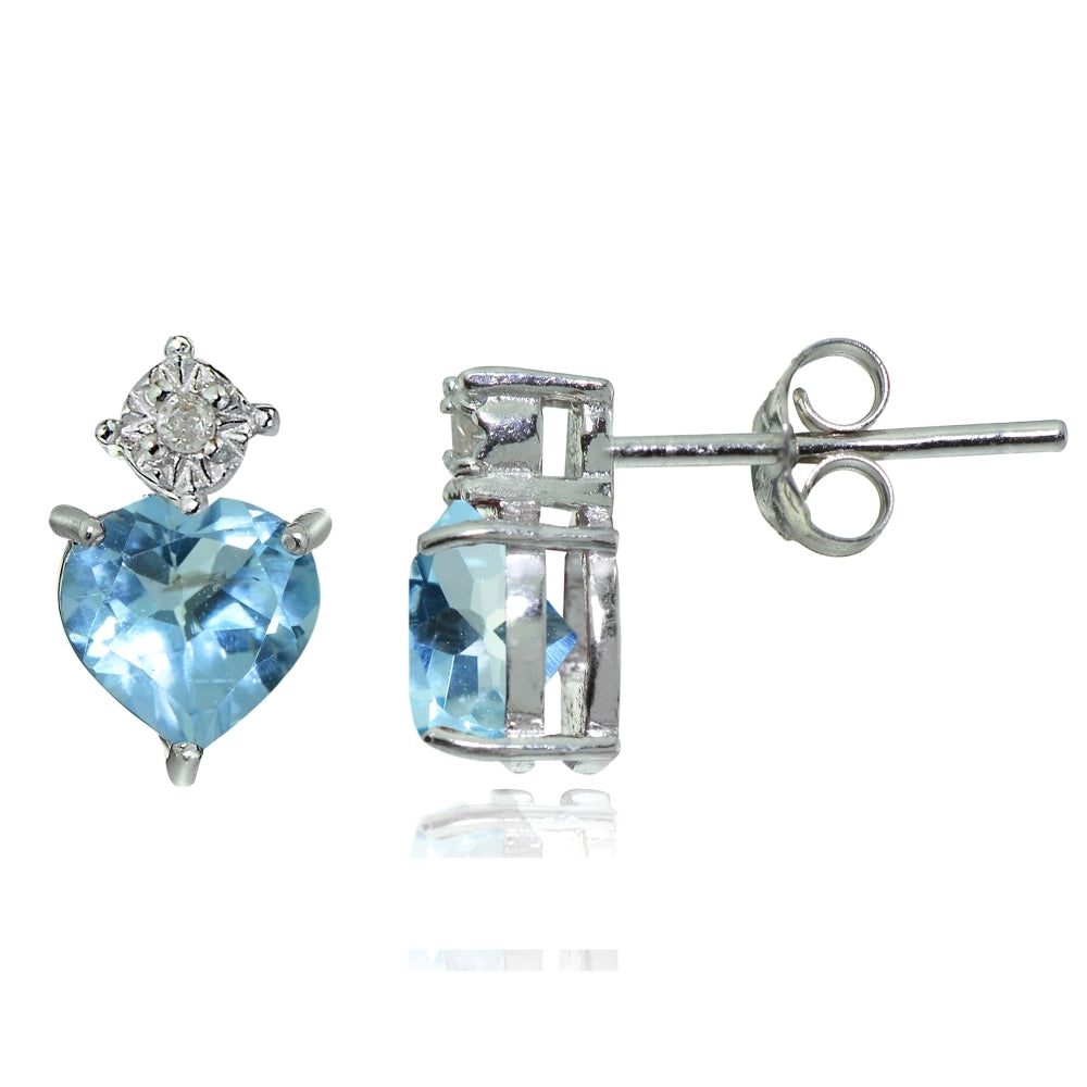 Sterling Silver Blue Topaz and Diamond Accent Heart Drop Stud Earrings