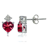Sterling Silver Created Ruby and Diamond Accent Heart Drop Stud Earrings