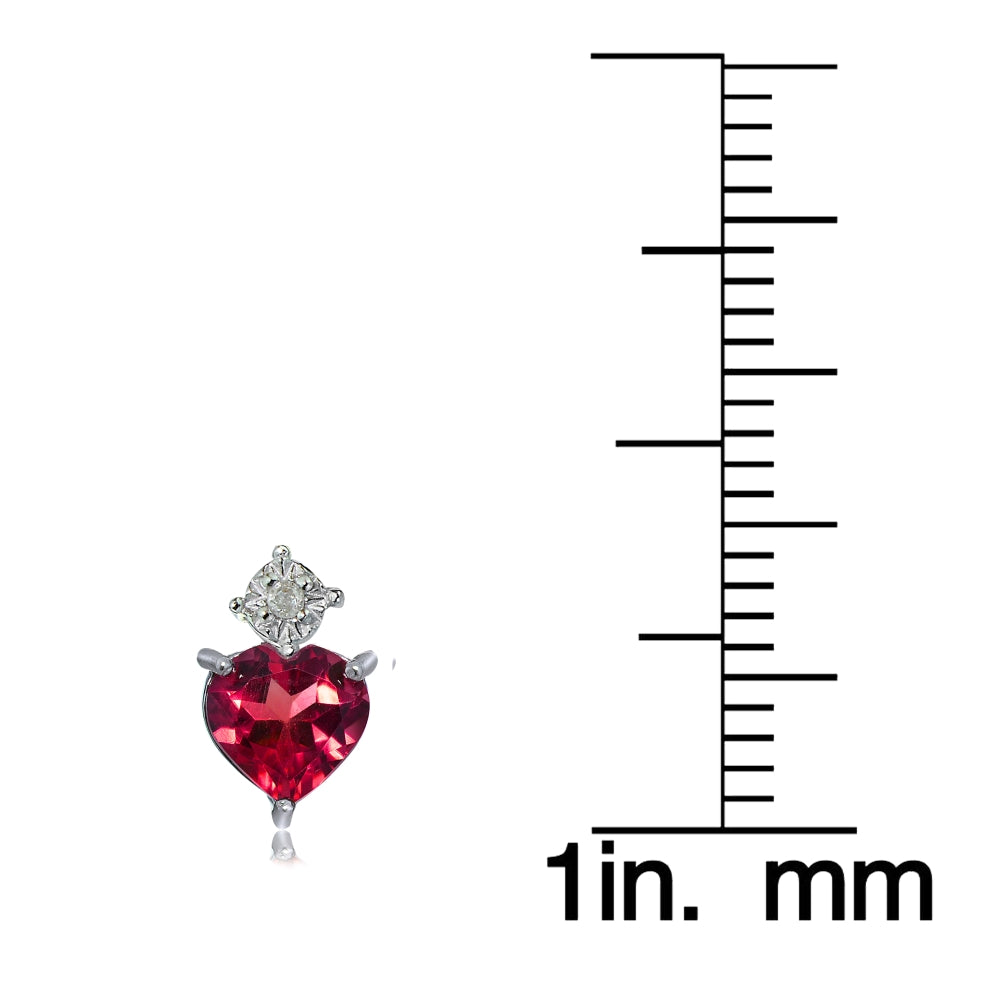 Sterling Silver Created Ruby and Diamond Accent Heart Drop Stud Earrings-3