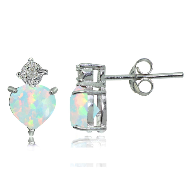 Sterling Silver Created White Opal and Diamond Accent Heart Drop Stud Earrings