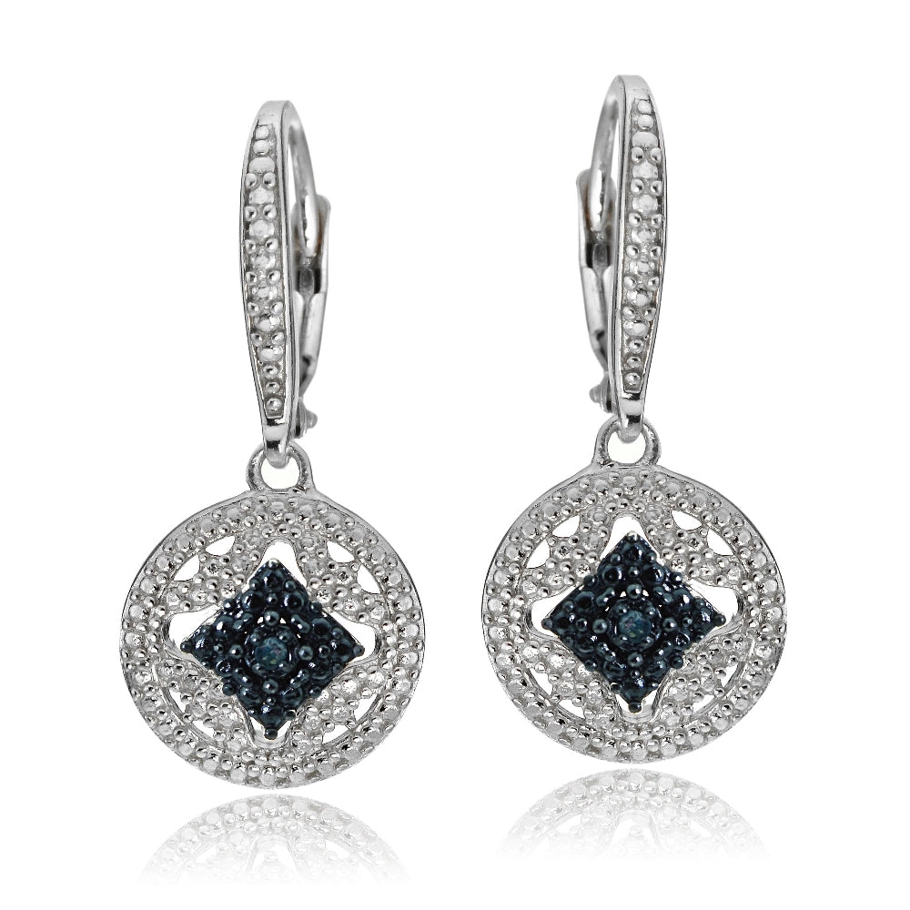 Sterling Silver Blue Diamond Accent Filigree Medallion Dangle Leverback Earrings-2