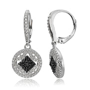 Sterling Silver Black Diamond Accent Filigree Medallion Dangle Leverback Earrings