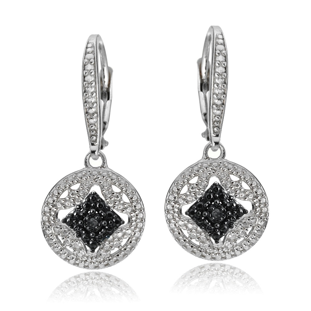 Sterling Silver Black Diamond Accent Filigree Medallion Dangle Leverback Earrings-2
