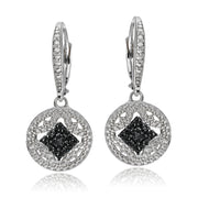 Sterling Silver Black Diamond Accent Filigree Medallion Dangle Leverback Earrings