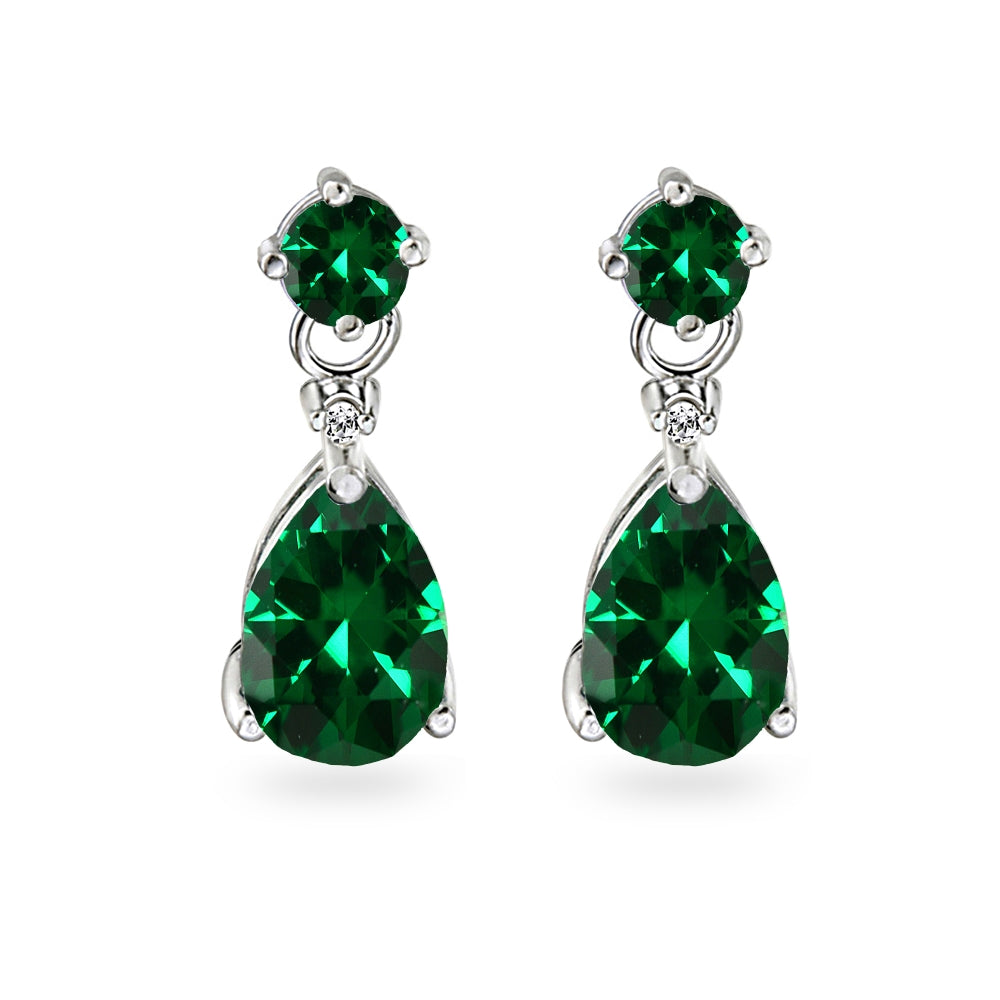 Sterling Silver Simulated Emerald Teardrop Dangle Earrings-2