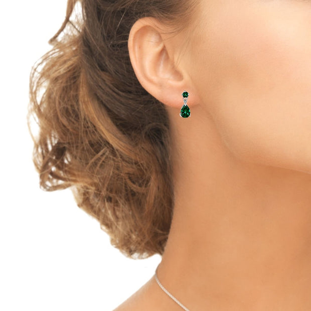 Sterling Silver Simulated Emerald Teardrop Dangle Earrings