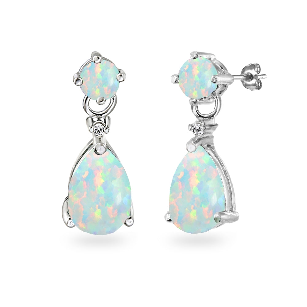 Sterling Silver Created White Opal Teardrop Dangle Earrings