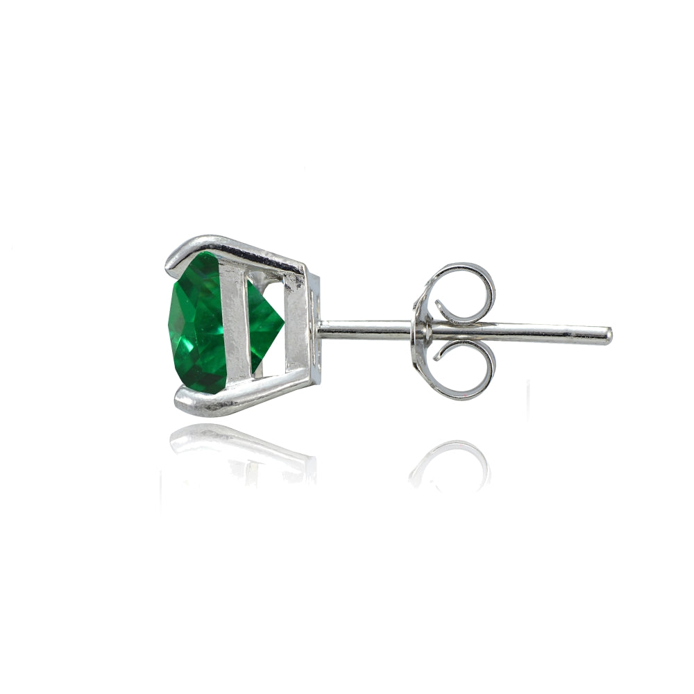 Sterling Silver Created Emerald 7mm Square Stud Earrings-2