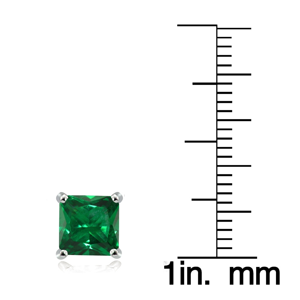 Sterling Silver Created Emerald 7mm Square Stud Earrings-3