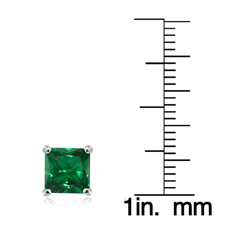 Sterling Silver Created Emerald 7mm Square Stud Earrings
