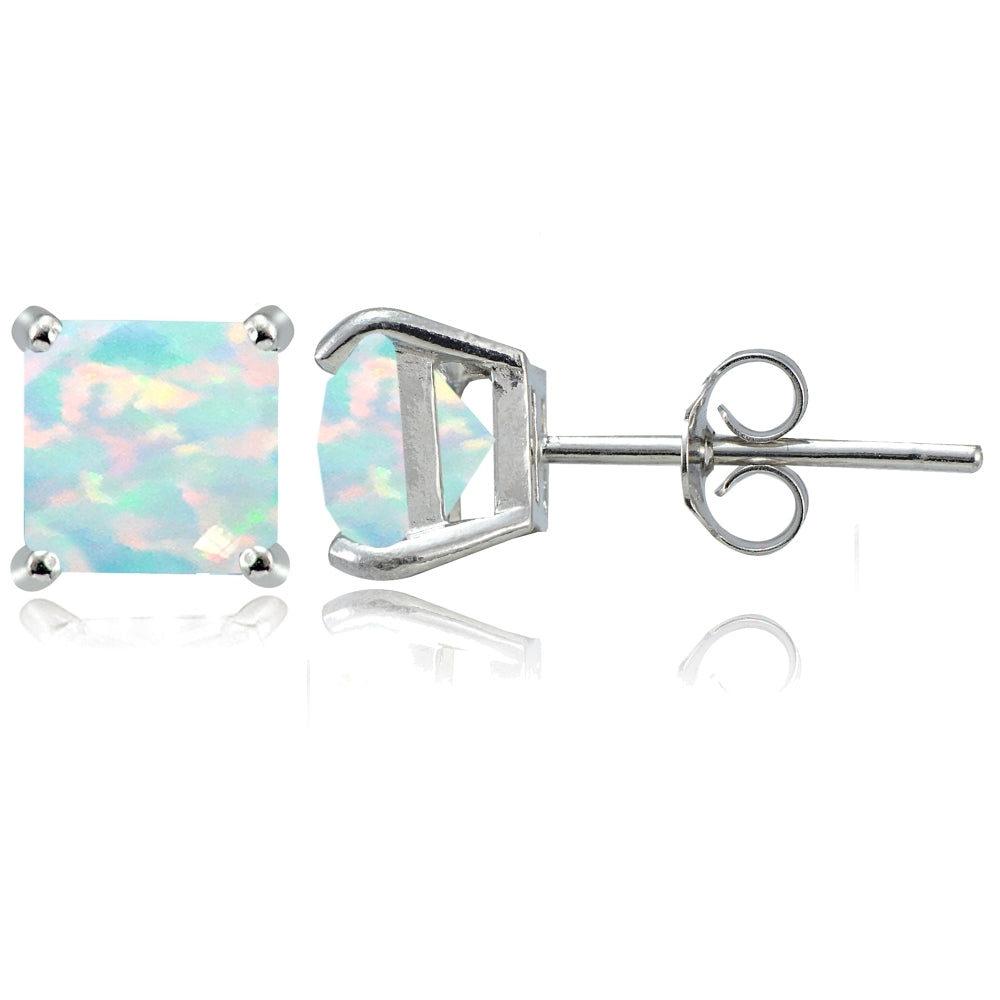 Sterling Silver Created White Opal 7mm Square Stud Earrings
