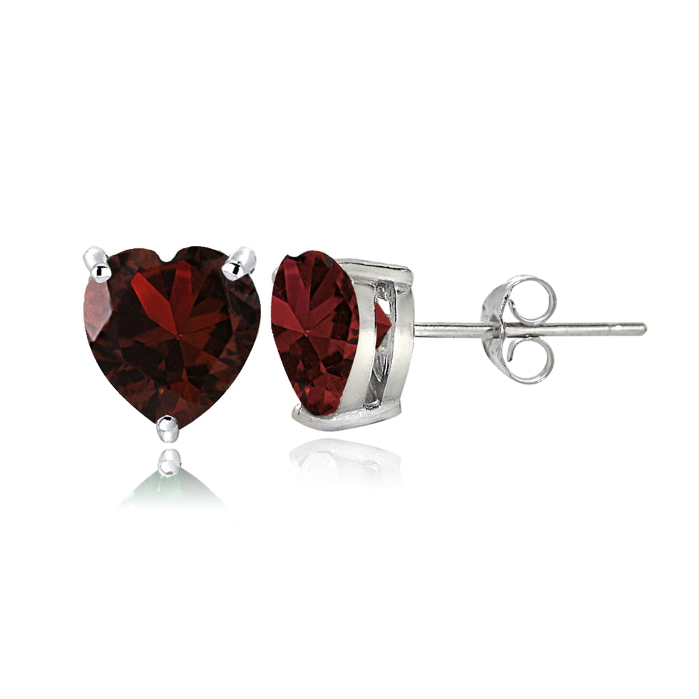 Sterling Silver Garnet 6mm Heart Stud Earrings