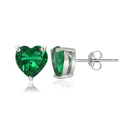 Sterling Silver Created Emerald 6mm Heart Stud Earrings