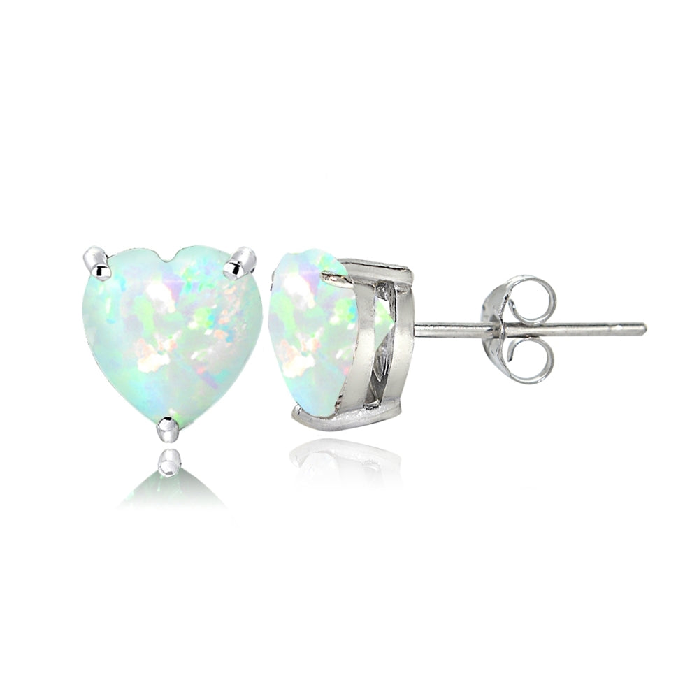 Sterling Silver Created White Opal 6mm Heart Stud Earrings
