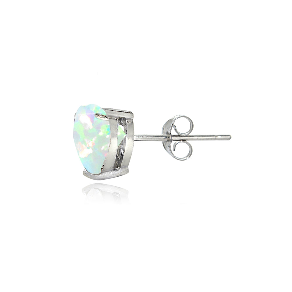 Sterling Silver Created White Opal 6mm Heart Stud Earrings-2