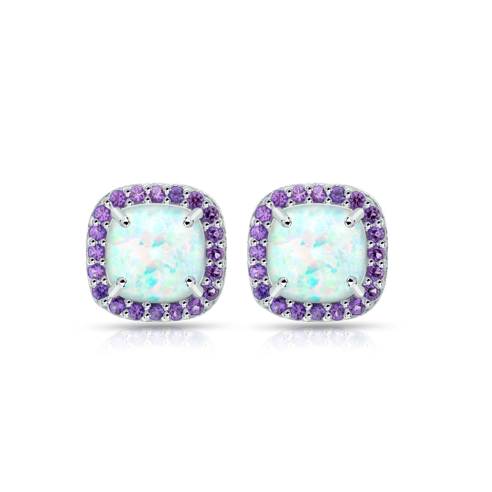 Sterling Silver Created White Opal and Amethyst Cushion-cut Halo Stud Earrings