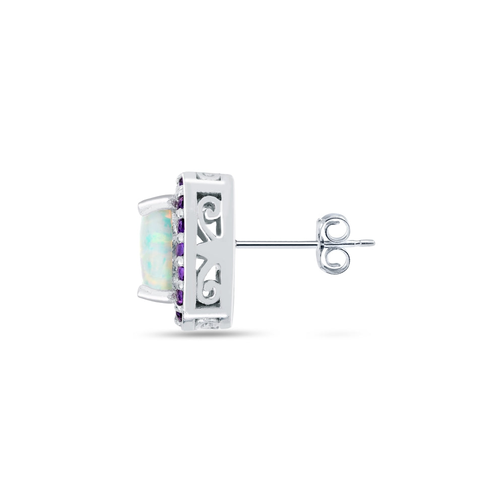 Sterling Silver Created White Opal and Amethyst Cushion-cut Halo Stud Earrings-3