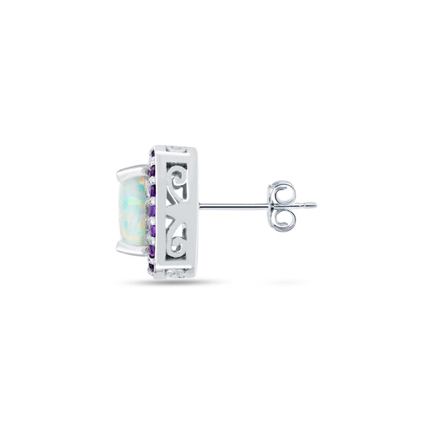 Sterling Silver Created White Opal and Amethyst Cushion-cut Halo Stud Earrings