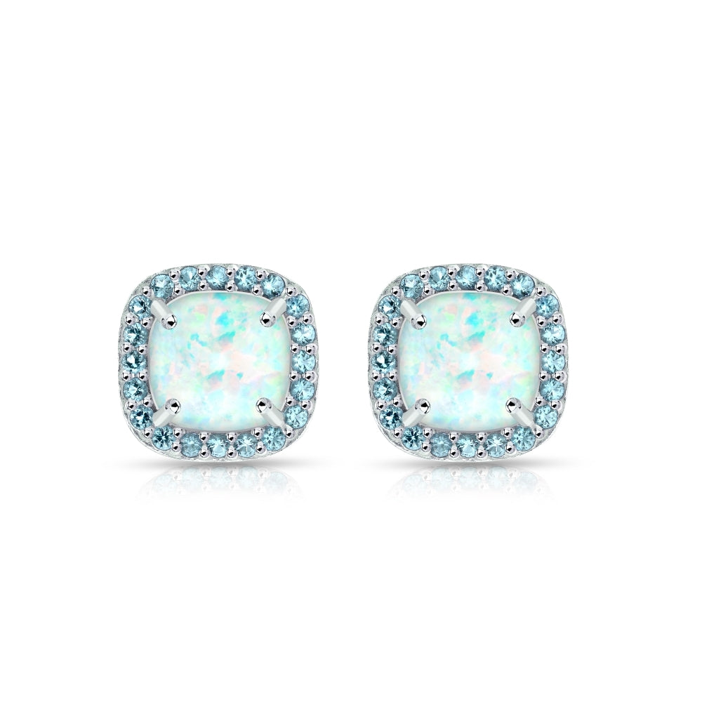 Sterling Silver Created White Opal and Blue Topaz Cushion-cut Halo Stud Earrings