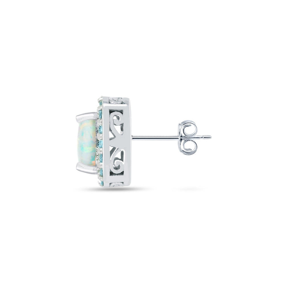 Sterling Silver Created White Opal and Blue Topaz Cushion-cut Halo Stud Earrings-3