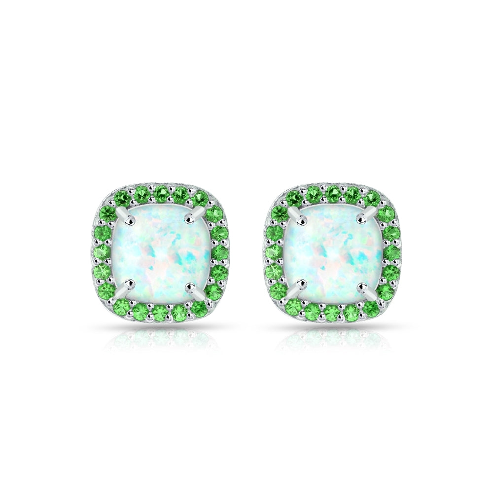 Sterling Silver Created White Opal and Emerald Cushion-cut Halo Stud Earrings