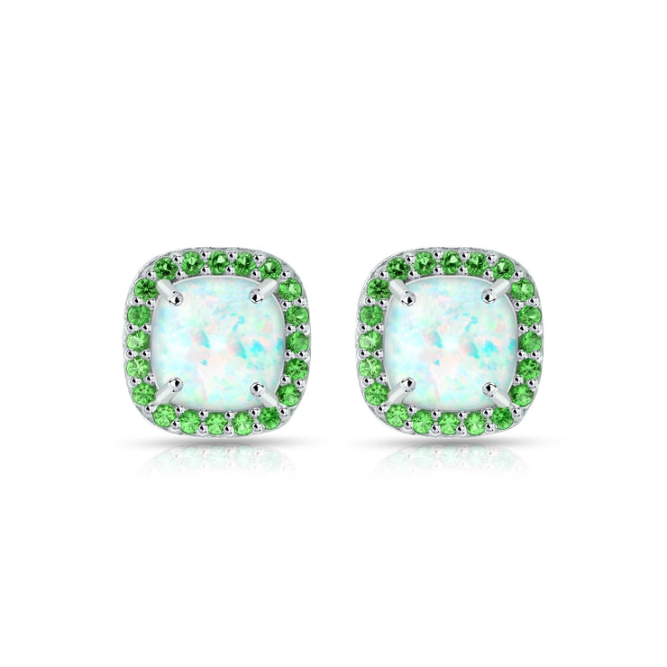 Sterling Silver Created White Opal and Emerald Cushion-cut Halo Stud Earrings