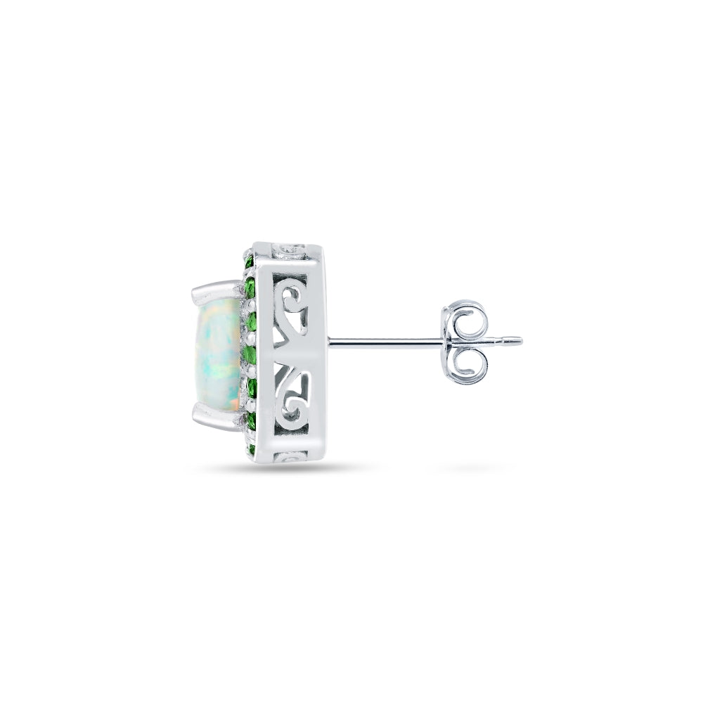 Sterling Silver Created White Opal and Emerald Cushion-cut Halo Stud Earrings-3