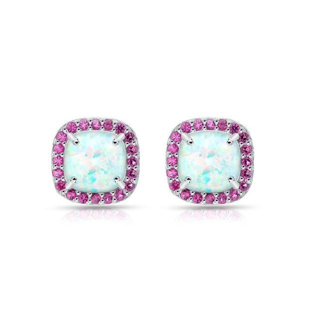Sterling Silver Created White Opal and Ruby Cushion-cut Halo Stud Earrings