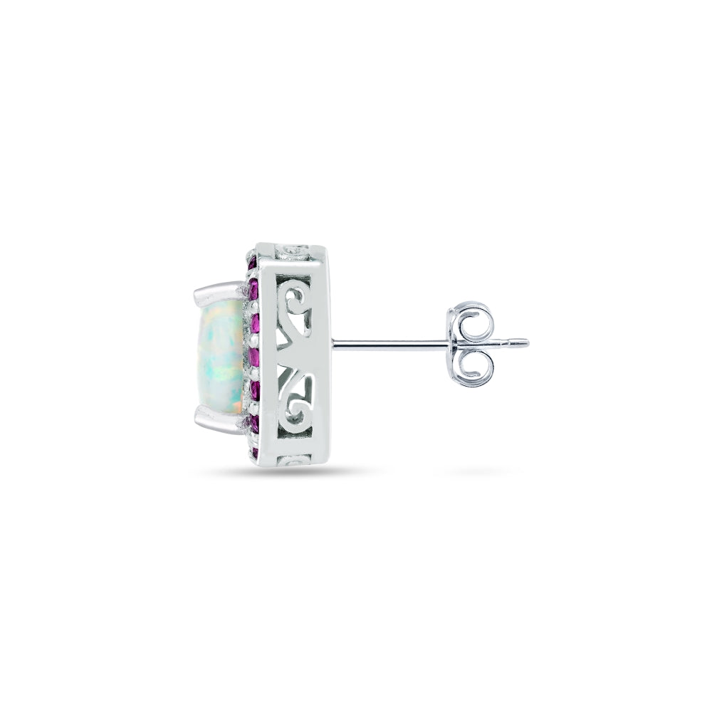 Sterling Silver Created White Opal and Ruby Cushion-cut Halo Stud Earrings-3