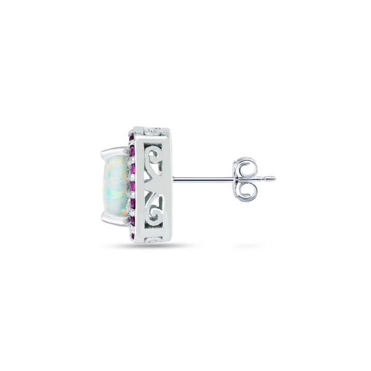 Sterling Silver Created White Opal and Ruby Cushion-cut Halo Stud Earrings