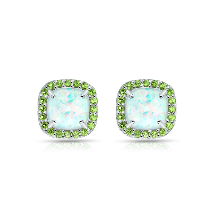 Sterling Silver Created White Opal and Peridot Cushion-cut Halo Stud Earrings