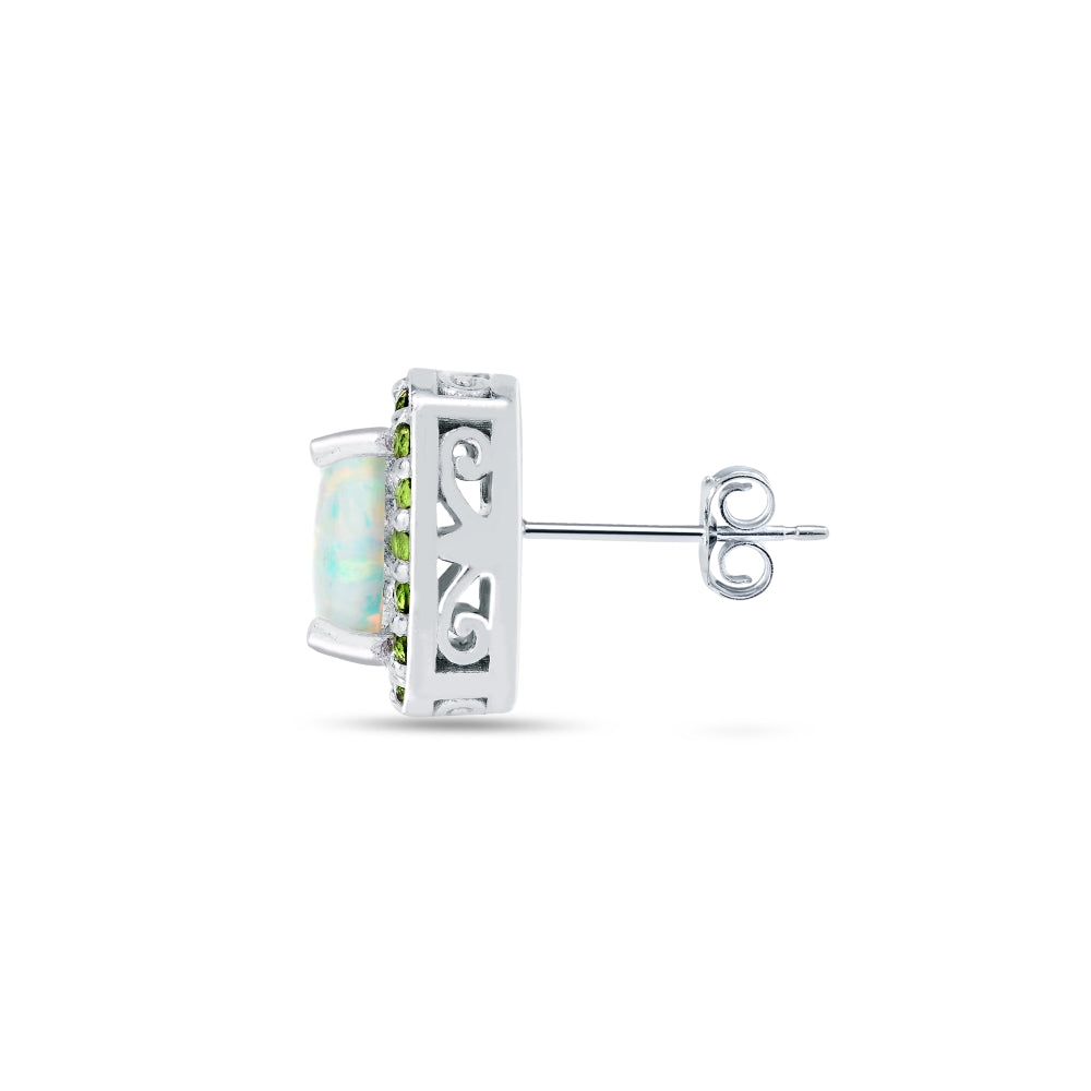 Sterling Silver Created White Opal and Peridot Cushion-cut Halo Stud Earrings-3