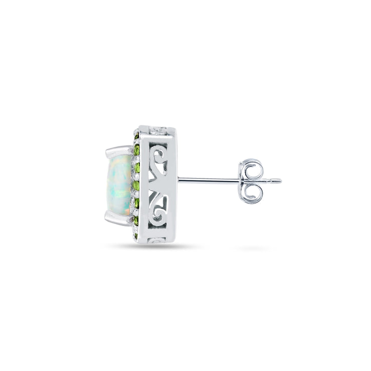 Sterling Silver Created White Opal and Peridot Cushion-cut Halo Stud Earrings
