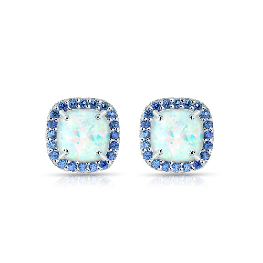 Sterling Silver Created White Opal and Blue Sapphire Cushion-cut Halo Stud Earrings