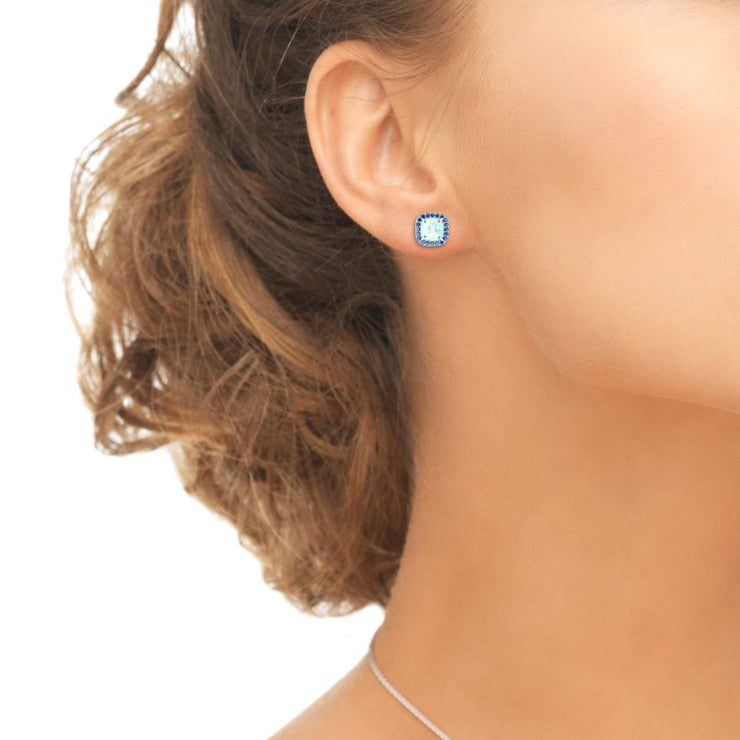 Sterling Silver Created White Opal and Blue Sapphire Cushion-cut Halo Stud Earrings