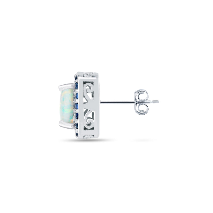 Sterling Silver Created White Opal and Blue Sapphire Cushion-cut Halo Stud Earrings