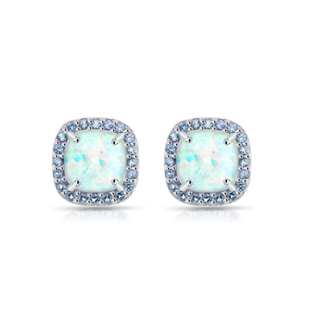 Sterling Silver Created White Opal and Tanzanite Cushion-cut Halo Stud Earrings