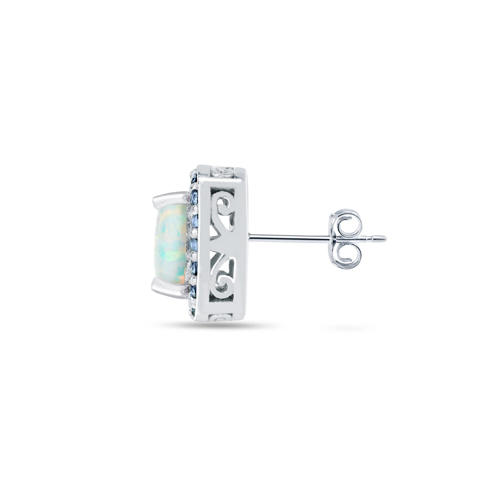 Sterling Silver Created White Opal and Tanzanite Cushion-cut Halo Stud Earrings-3