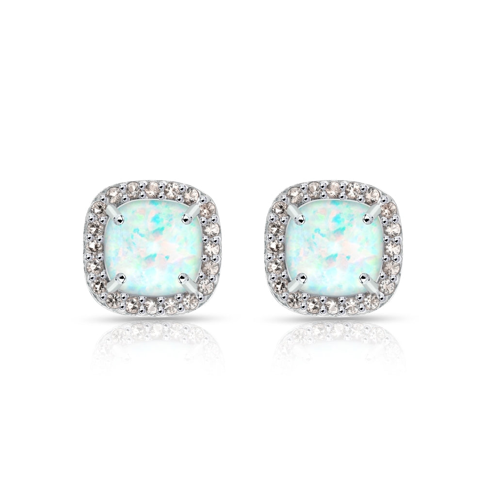 Sterling Silver Created White Opal and Morganite Cushion-cut Halo Stud Earrings