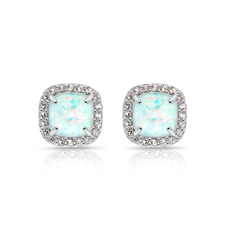 Sterling Silver Created White Opal and Morganite Cushion-cut Halo Stud Earrings
