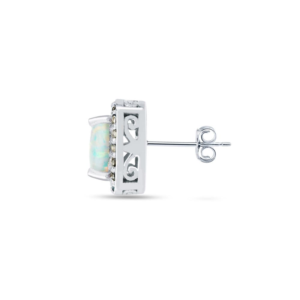 Sterling Silver Created White Opal and Morganite Cushion-cut Halo Stud Earrings-3