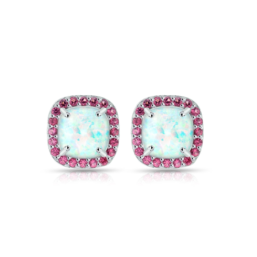Sterling Silver Created White Opal and Garnet Cushion-cut Halo Stud Earrings