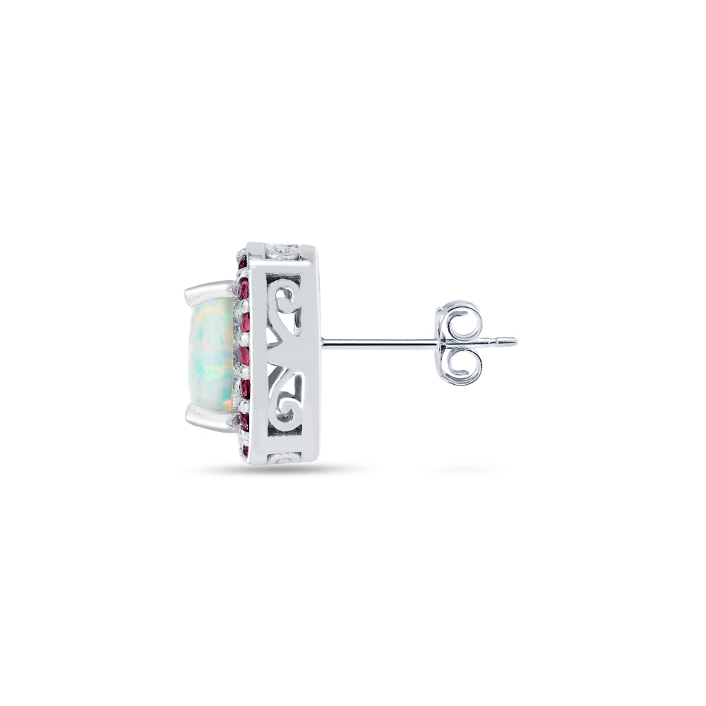Sterling Silver Created White Opal and Garnet Cushion-cut Halo Stud Earrings-3