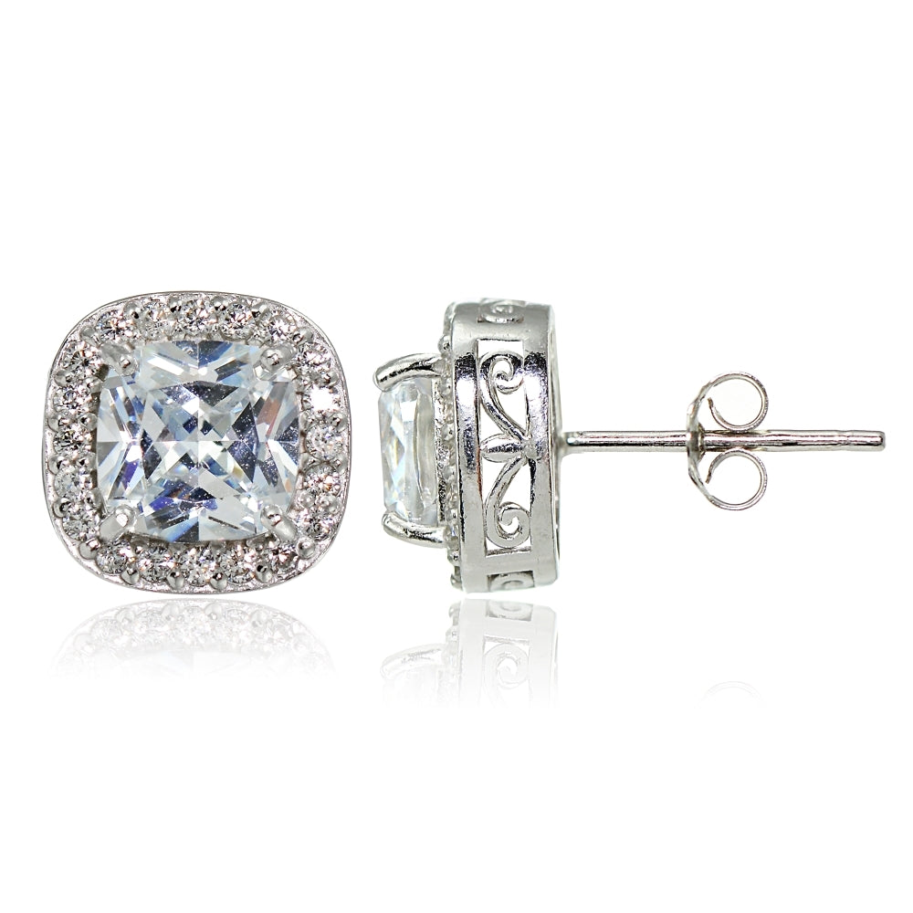 Sterling Silver Cubic Zirconia Cushion Cut Halo Stud Earrings