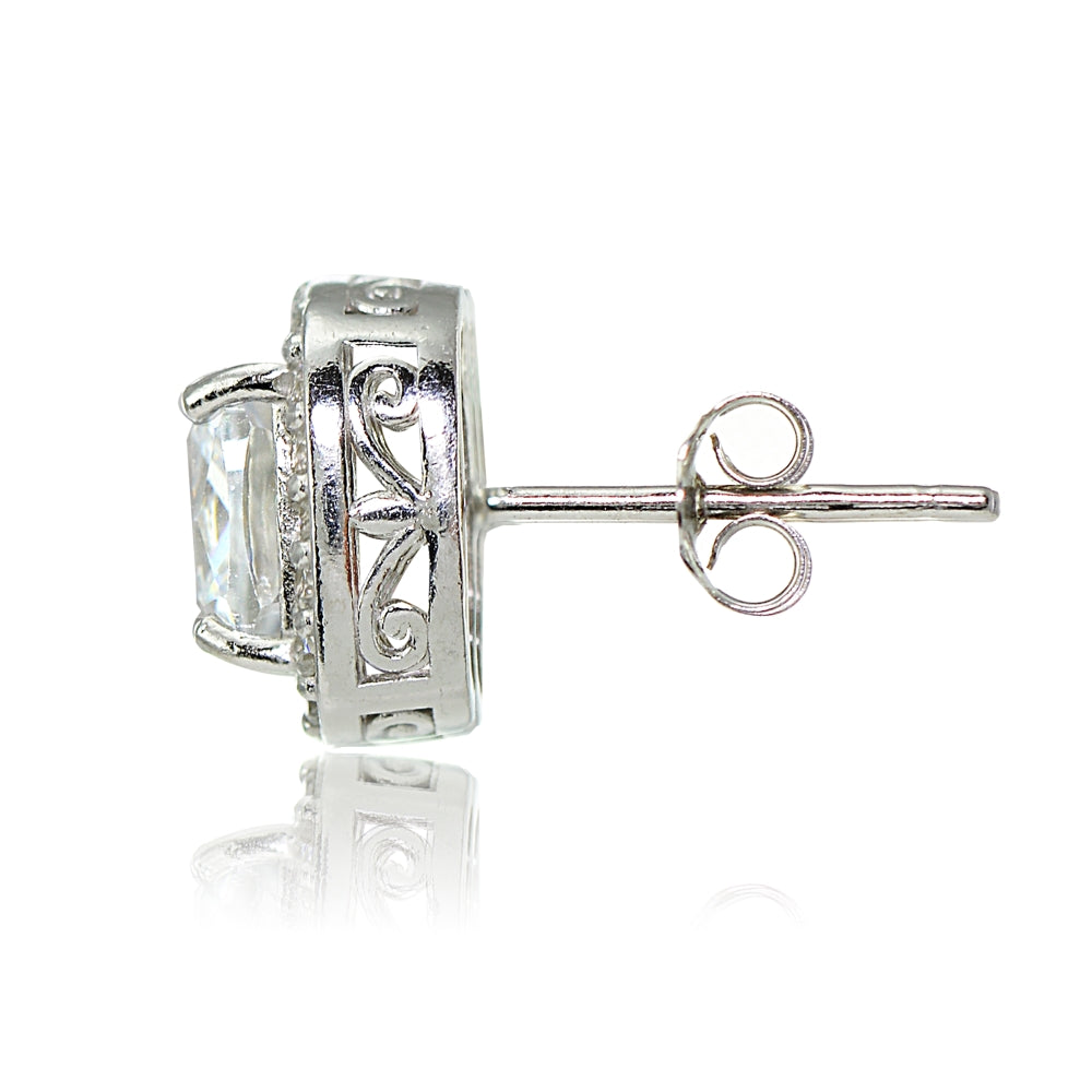 Sterling Silver Cubic Zirconia Cushion Cut Halo Stud Earrings-2