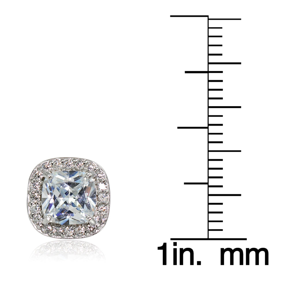 Sterling Silver Cubic Zirconia Cushion Cut Halo Stud Earrings-3
